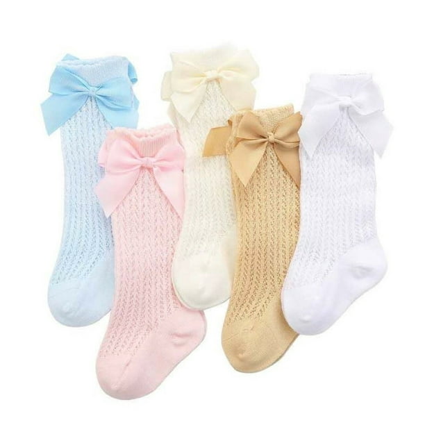 New Baby Girl Bow Knee Socks Hearts Spanish Ribbed White Pink Soft Touch 0-3Year